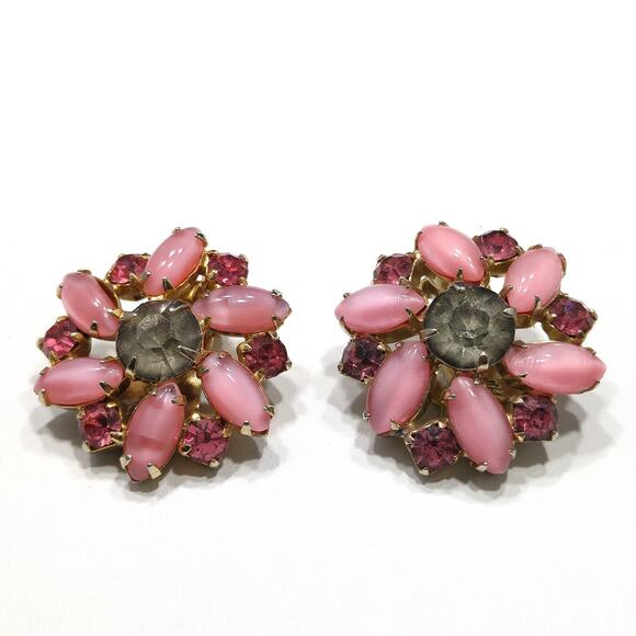 Vintage 1960s Art Glass Pink Rhinestone Clip Earrings, Gold Plated - Picture 1 of 10